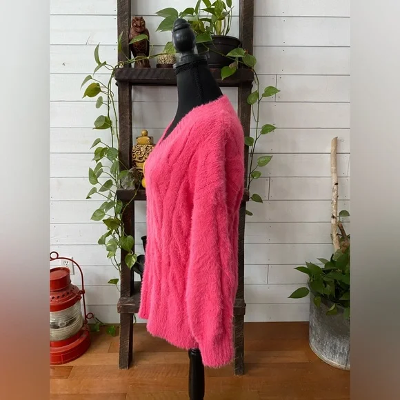 Lucky Brand: Pink Fuzzy Cable Knit V Necklace Sweater - Picture 17 of 17